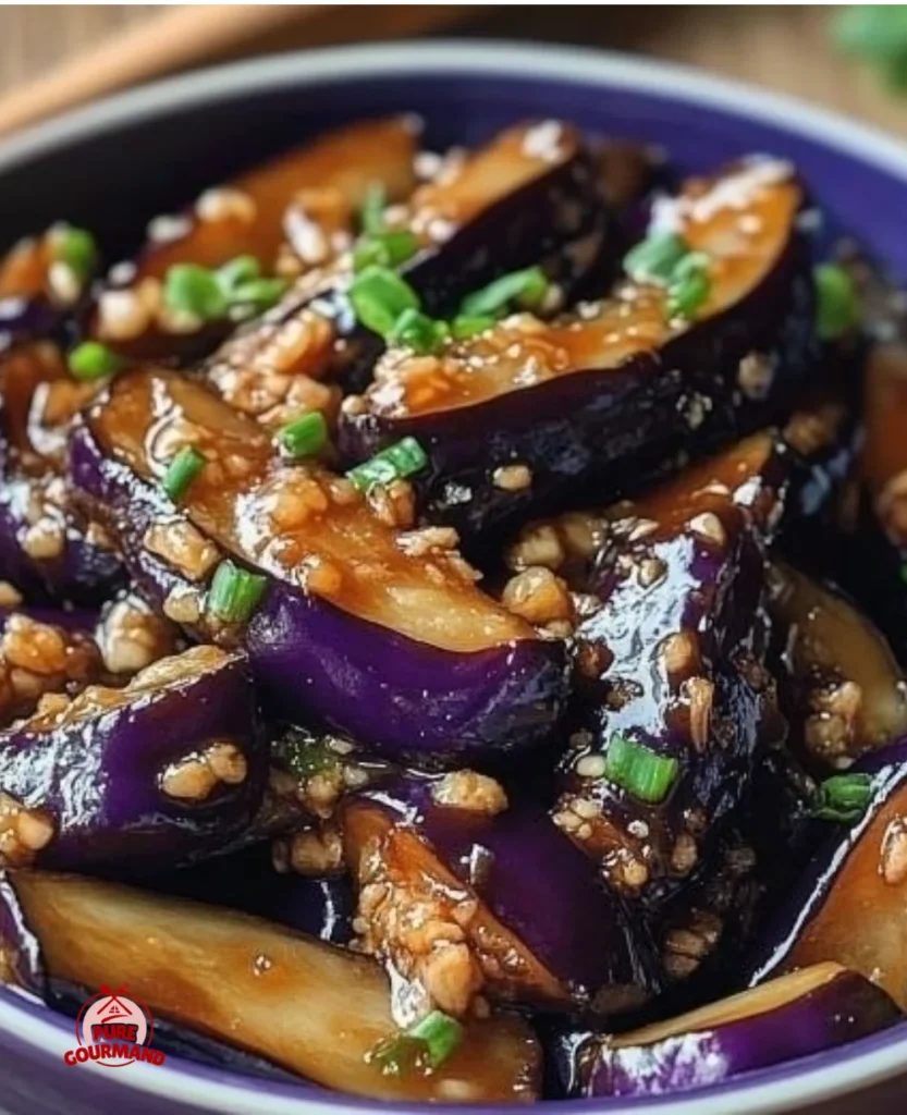 Five-Ingredient Chinese Eggplant with Garlic Sauce served in a bowl