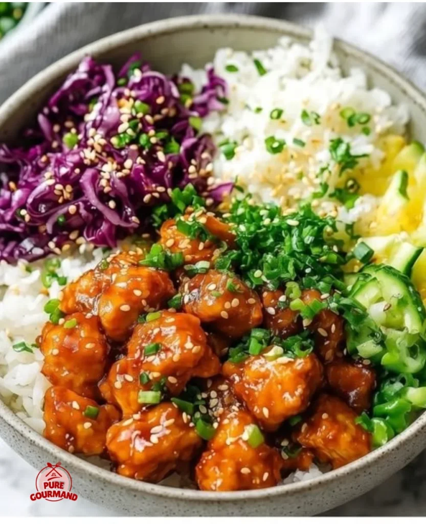 Delicious Korean Chicken Lunch Bowl with vegetables and rice