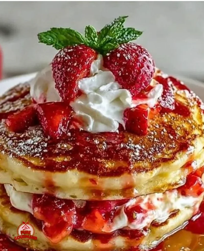 Fluffy strawberry cheesecake pancakes topped with fresh strawberries and syrup
