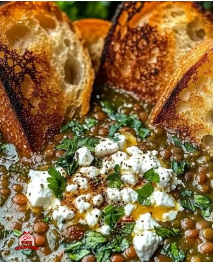 Bowl of delicious homemade French Lentil Soup garnished with herbs