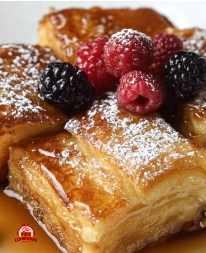 French toast casserole made with croissants served in a baking dish