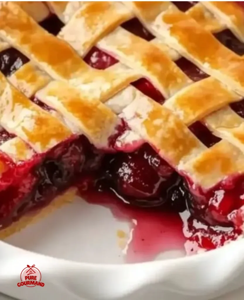 Freshly baked cherry pie with a golden crust and ripe cherries