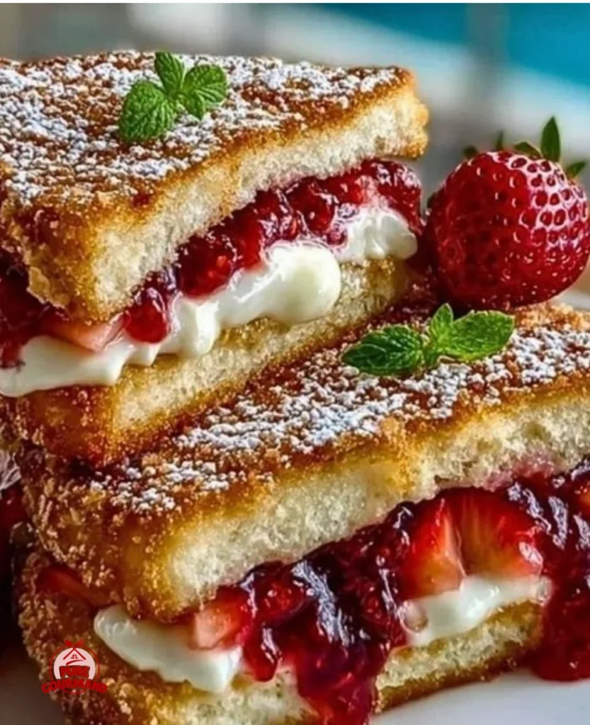 Fried strawberry cheesecake sandwiches with a crispy coating and strawberry topping