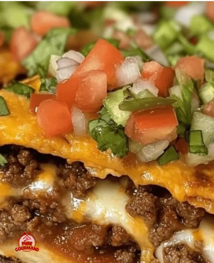 Homemade Taco Bell Mexican pizza topped with fresh ingredients and melted cheese.