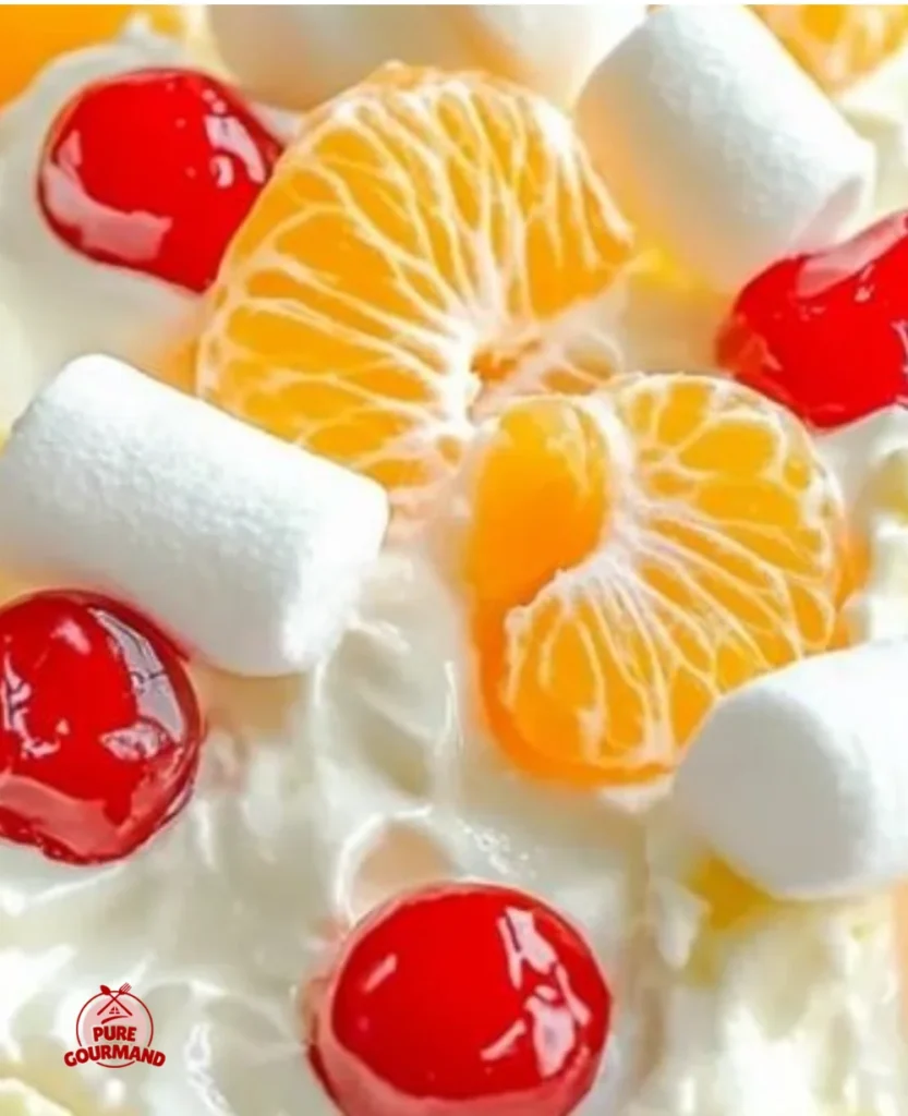 Refreshing fruit salad topped with Cool Whip in a vibrant bowl