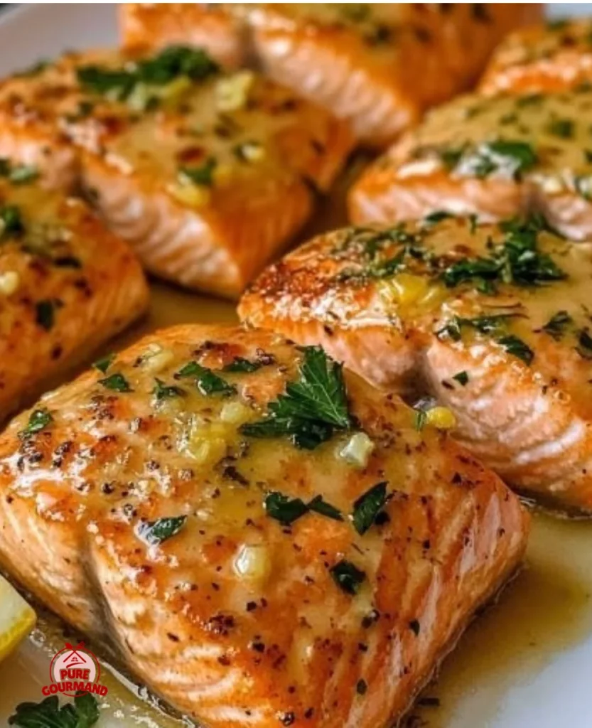 Delicious Garlic Butter Baked Salmon garnished with herbs and lemon