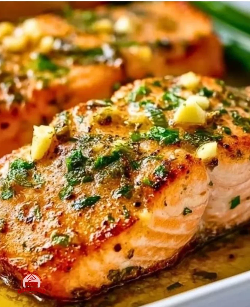 Delicious Garlic Butter Baked Salmon garnished with herbs, served on a plate.