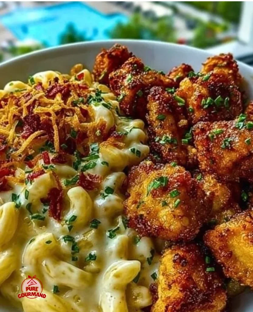 Garlic Butter Chicken Bites with Cajun Alfredo Mac and Crispy Onion Topping