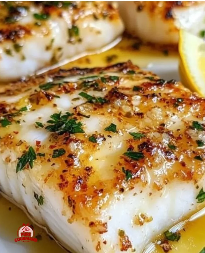 Delicious Garlic Butter Cod served with herbs and lemon slices