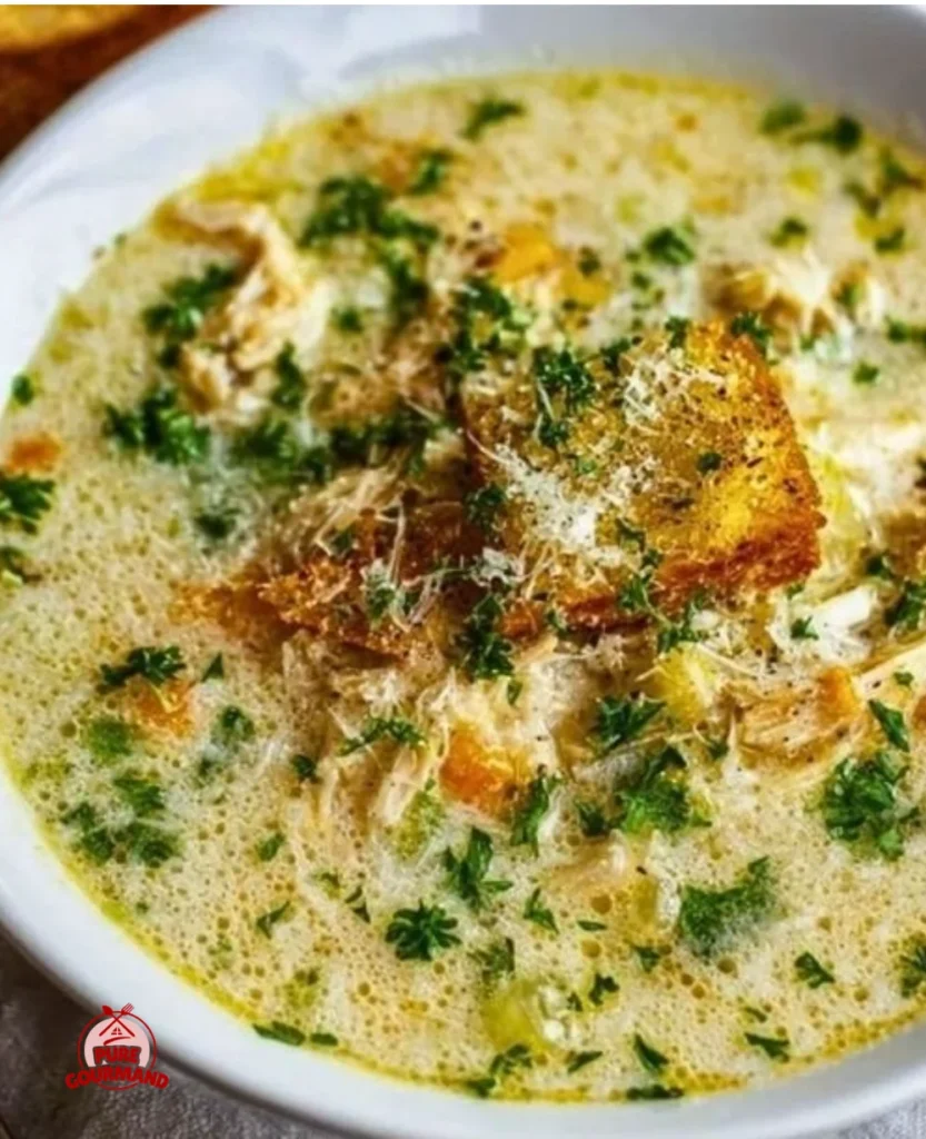 Bowl of creamy Garlic Parmesan Chicken Soup garnished with parsley