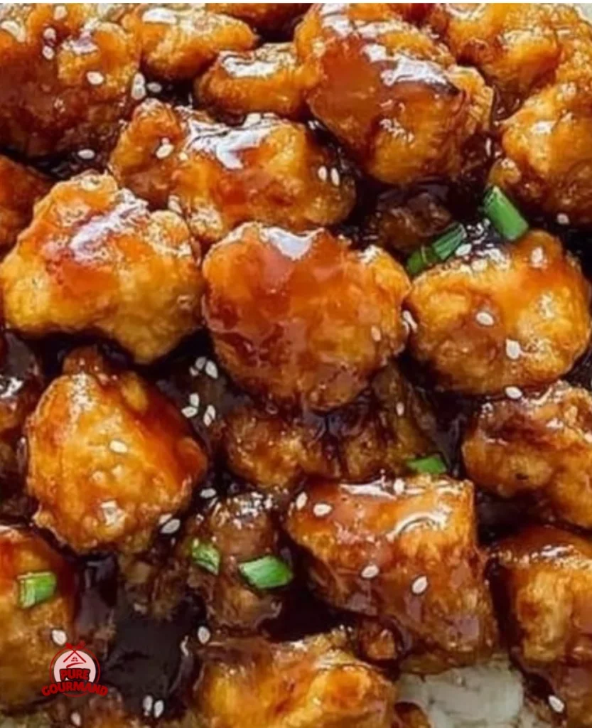 A plate of General Tso's Chicken garnished with sesame seeds and green onions.