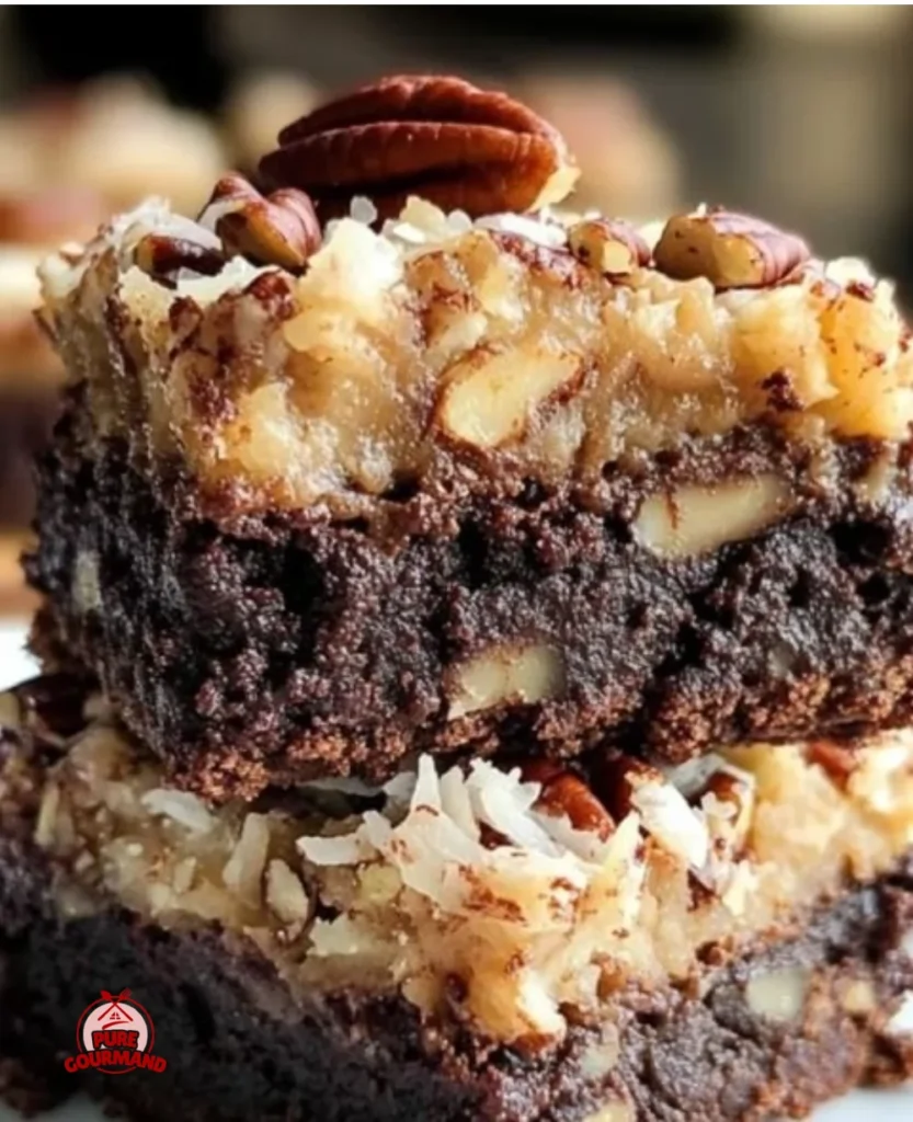Decadent German chocolate brownies topped with coconut and nuts