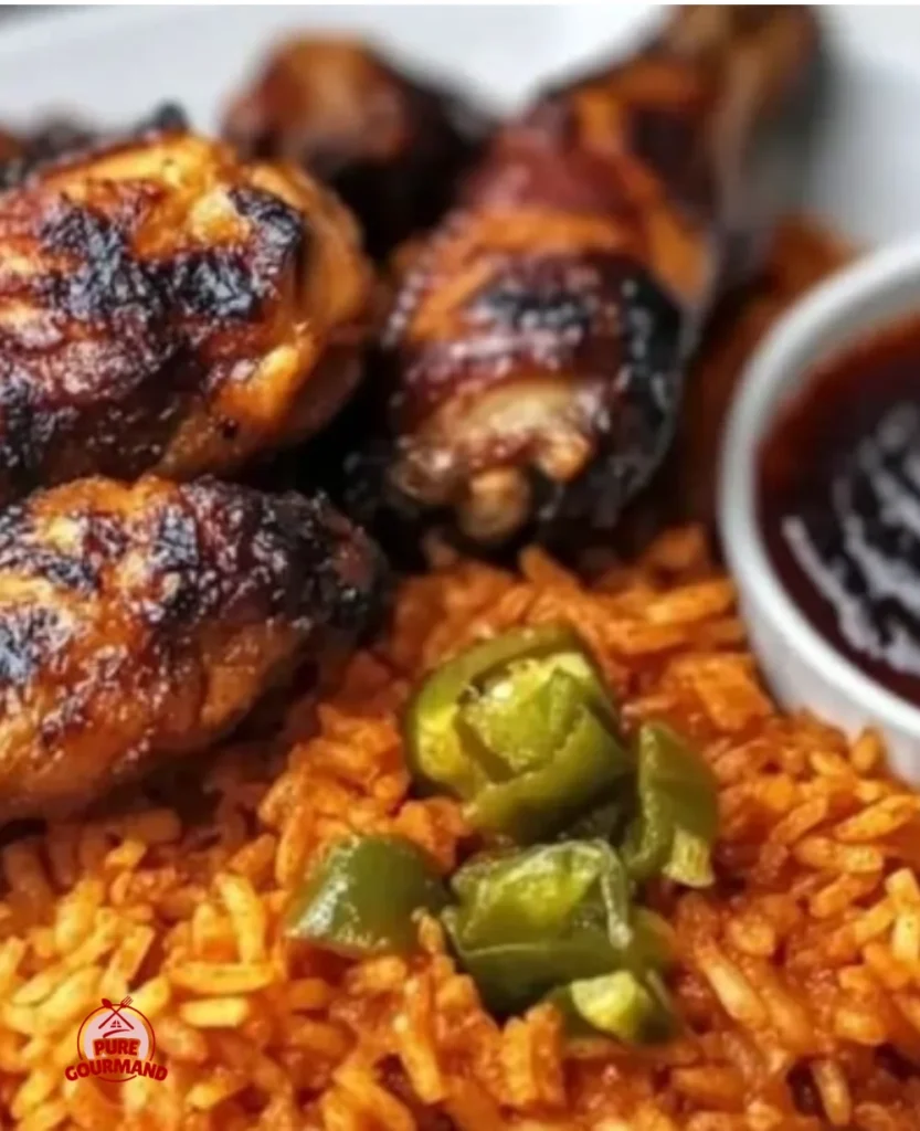 A delicious serving of Ghana Jollof Rice with vibrant colors and spices.