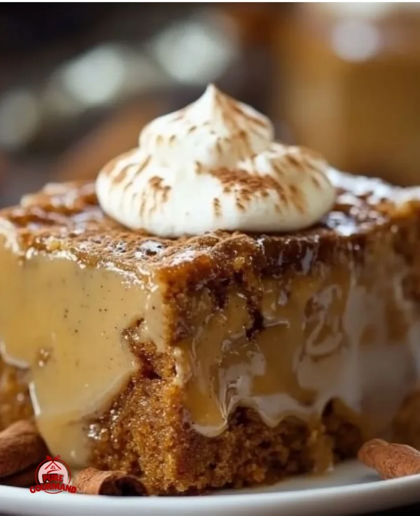 Delicious gingerbread pudding cake topped with whipped cream and spices.