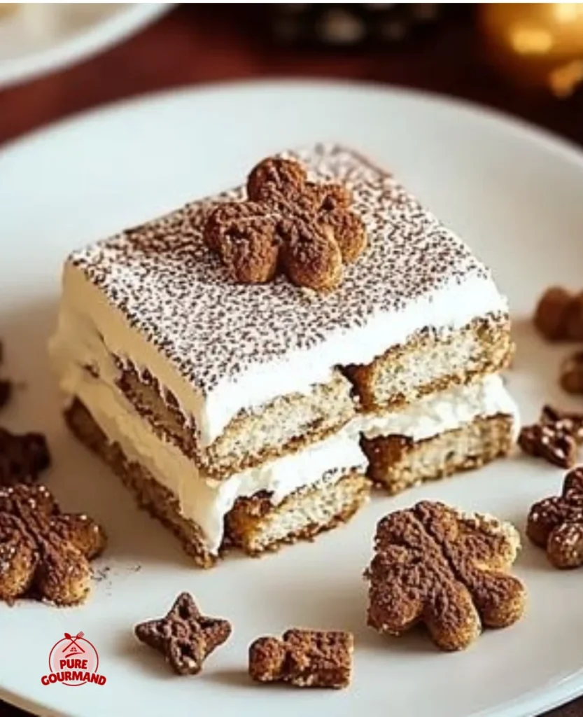 Delicious Gingerbread Tiramisu dessert topped with cocoa and spices.