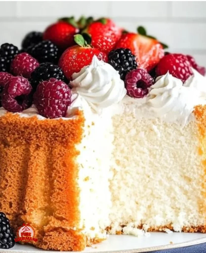 Delicious gluten free angel food cake decorated with fresh berries