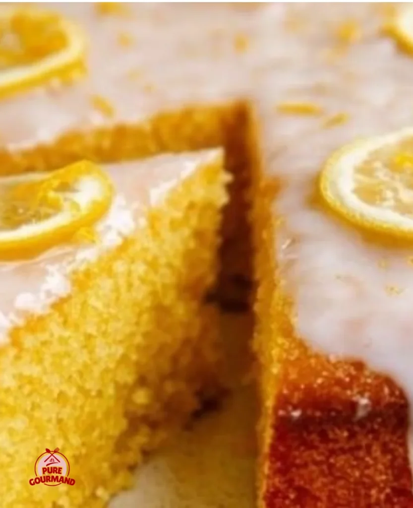 Gluten-free lemon olive oil polenta cake slice on a plate