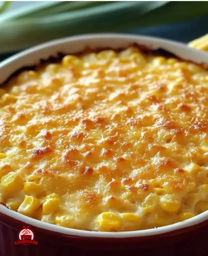 Hearty scalloped corn casserole served in a dish, perfect for family meals.
