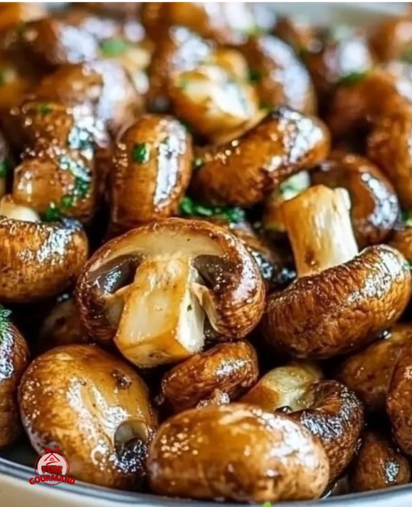 Golden oven-roasted mushrooms with soy-honey glaze served in a dish
