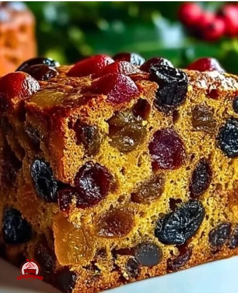 Homemade Grandma's Fruit Cake with colorful dried fruits and nuts.