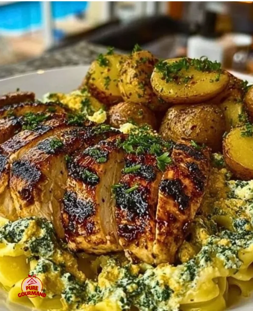 Delicious Greek Chicken Alfredo with garlic potatoes and spicy hot honey tahini pesto
