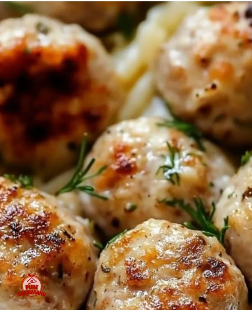 Greek chicken meatballs served with lemon orzo on a plate