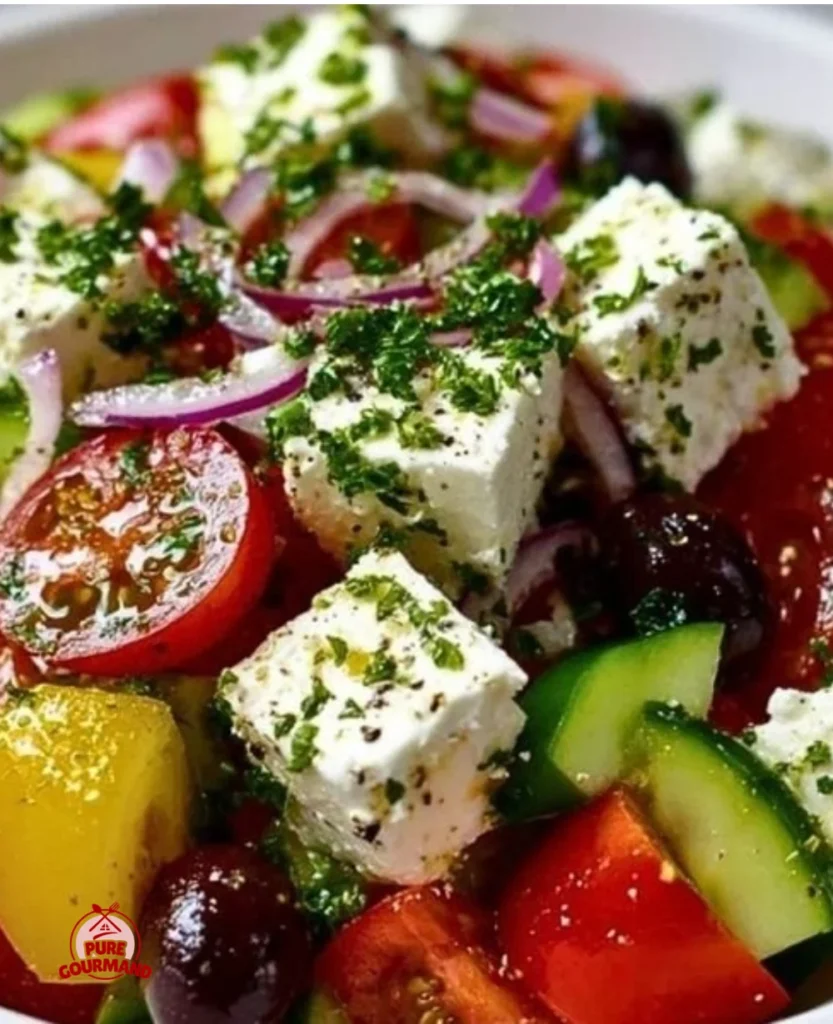 Delicious Greek Cottage Cheese Salad with fresh vegetables and herbs