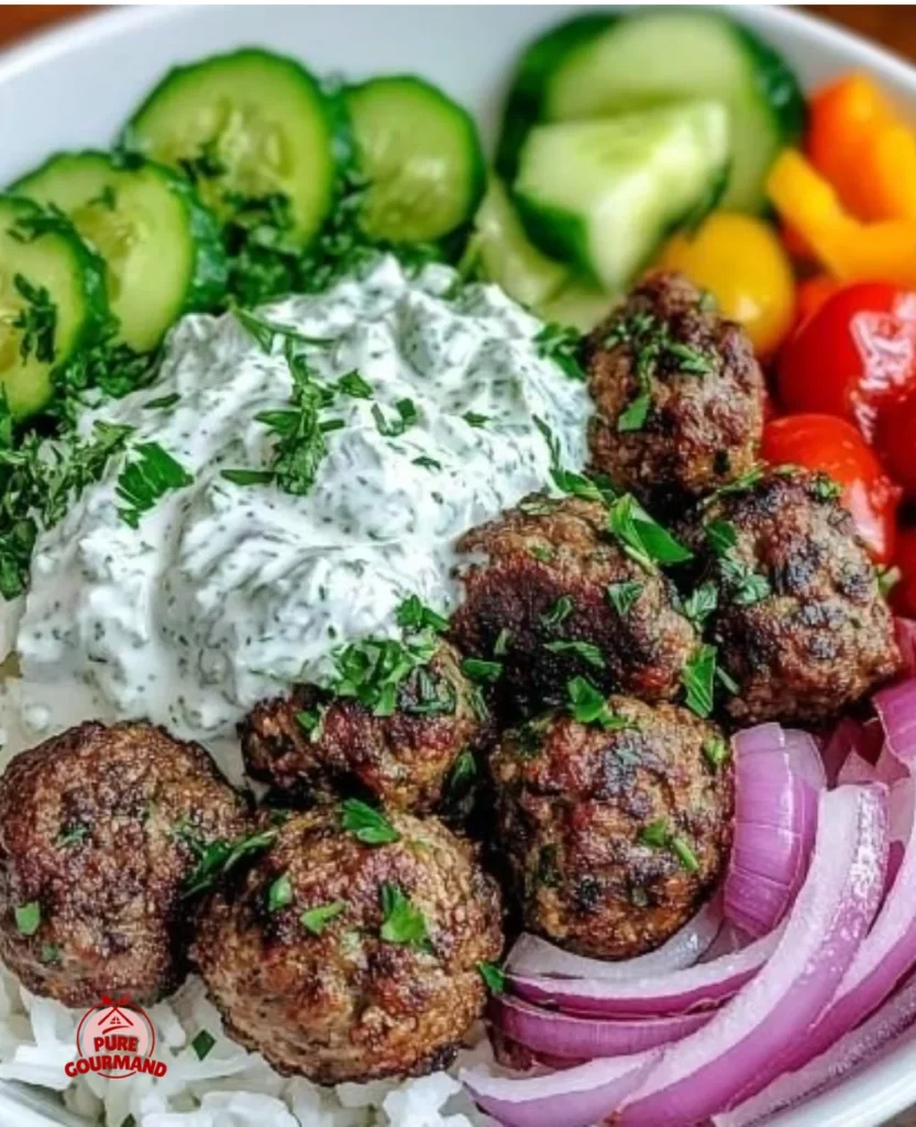 Greek meatball bowl topped with tzatziki sauce and fresh vegetables