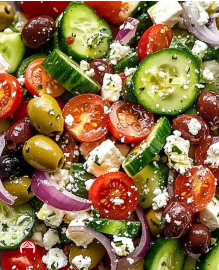 Delicious Greek Salad with fresh vegetables, olives, and feta cheese