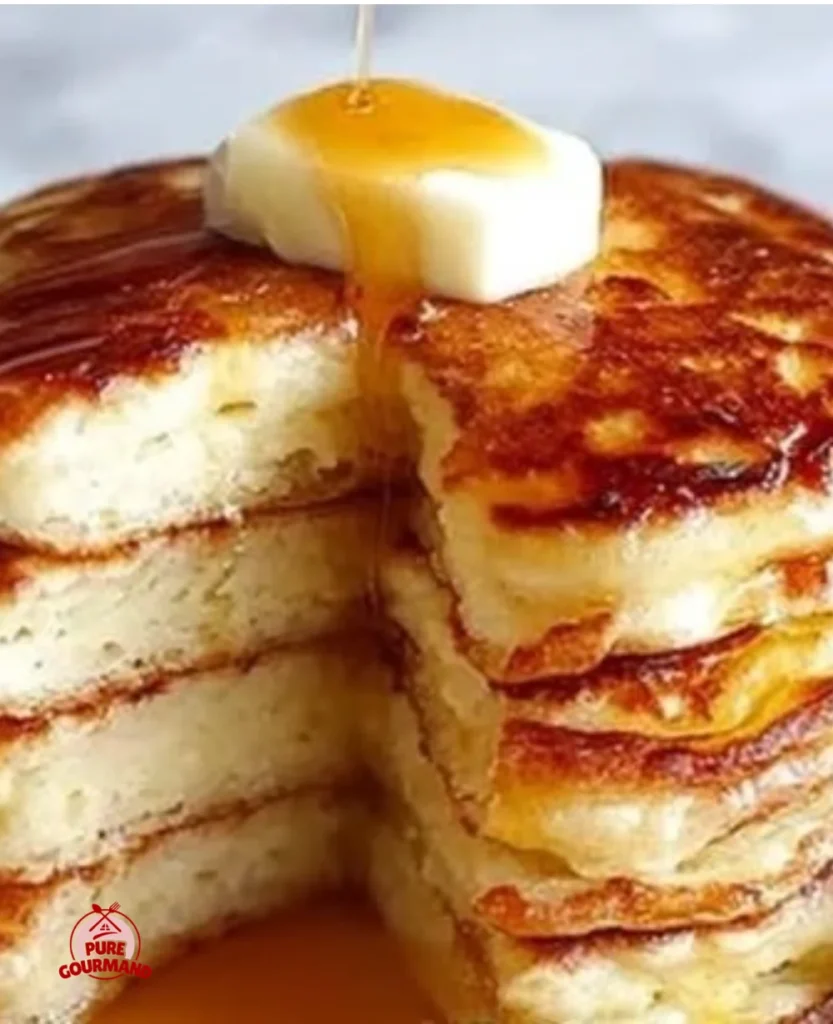 Stack of fluffy Greek yogurt pancakes with fresh berries and syrup
