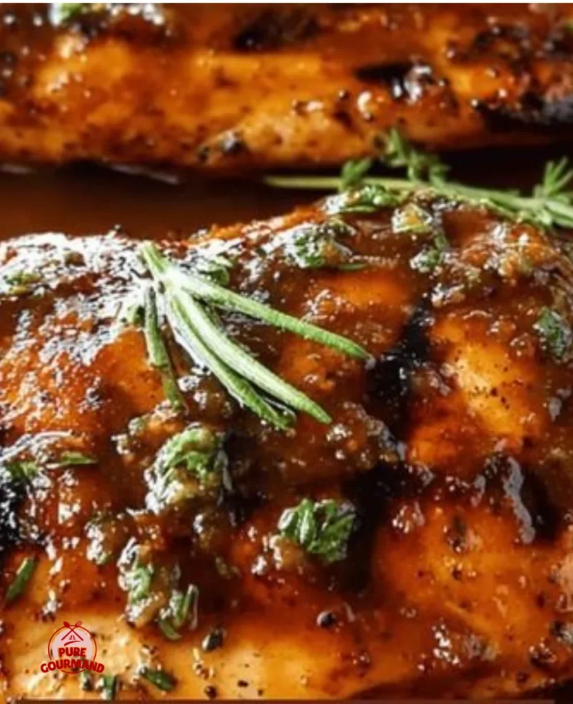 Grilled chicken drizzled with sweet garlic brown sugar sauce on a plate
