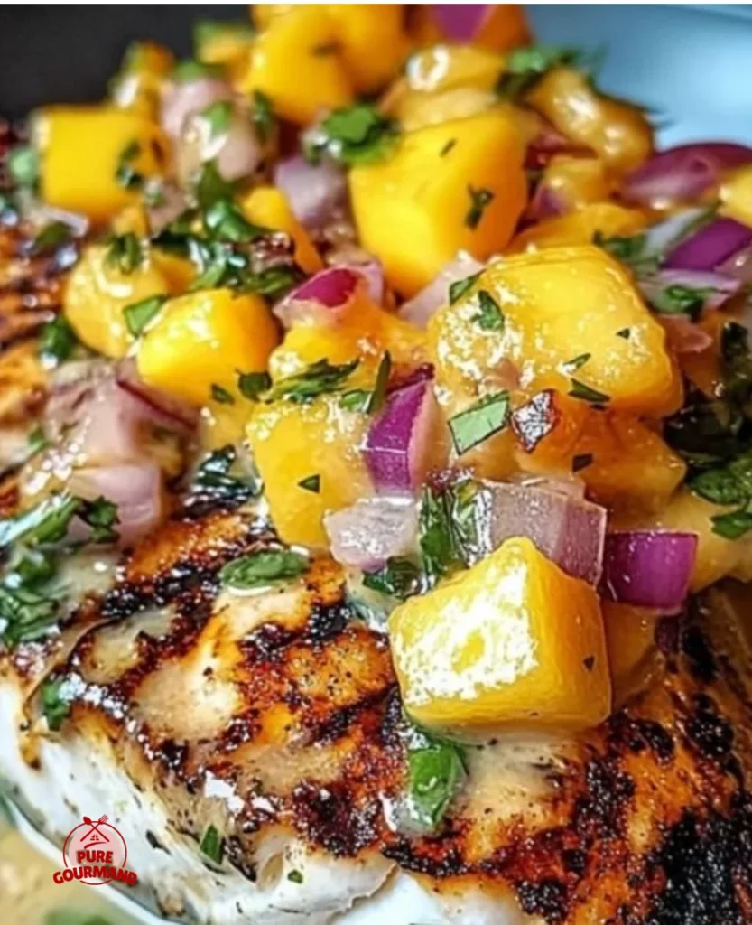 Grilled fish served with mango salsa and creamy sauce for a refreshing summer meal.