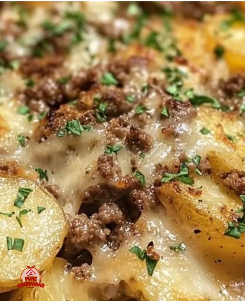 Ground beef and potatoes dish served on a plate, showcasing a tasty meal.