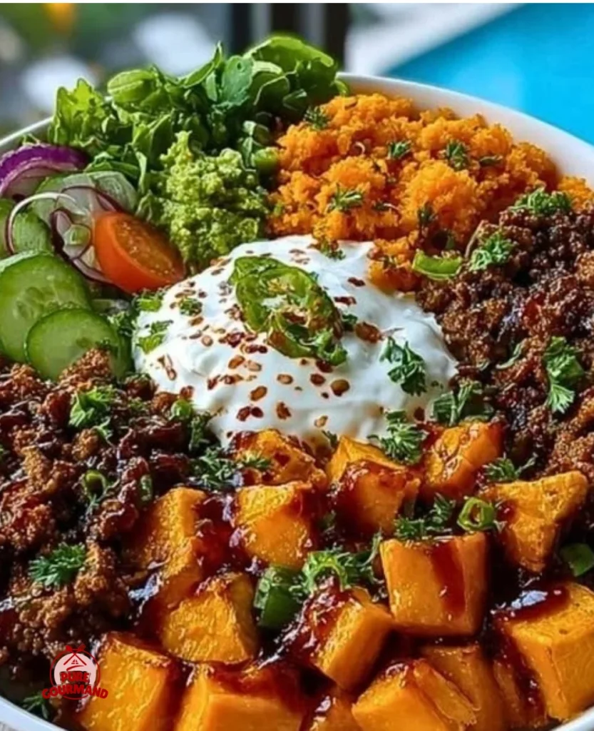 Healthy Ground Beef Sweet Potato Power Bowl with colorful vegetables