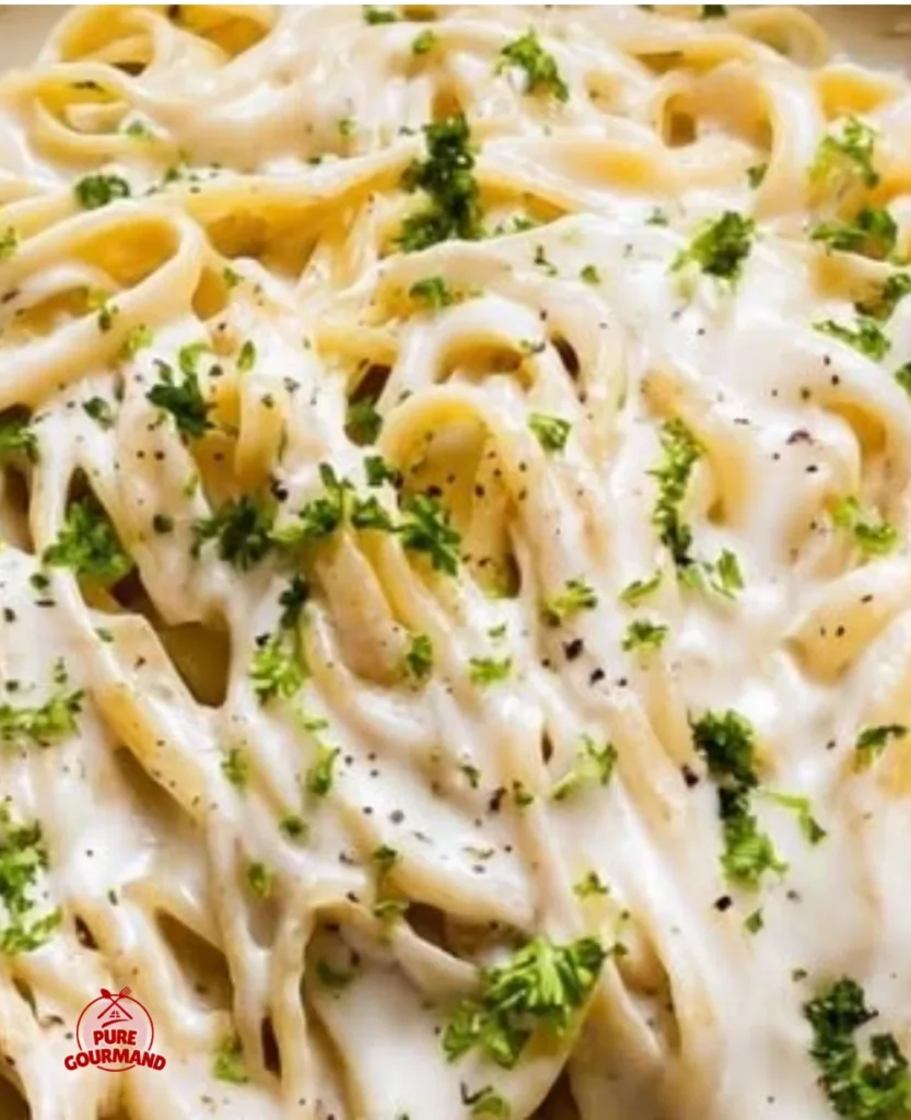 Healthy Alfredo Sauce served on pasta with herbs and vegetables