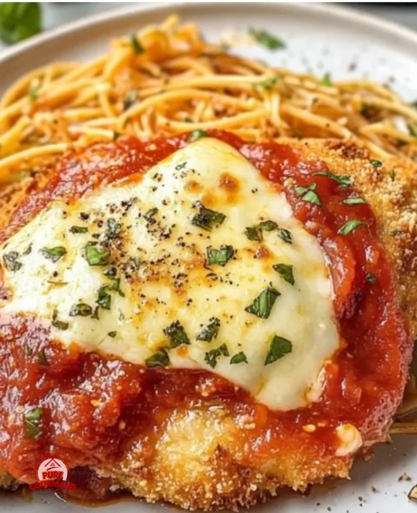 Healthy chicken parmesan dish served with marinara sauce and fresh herbs