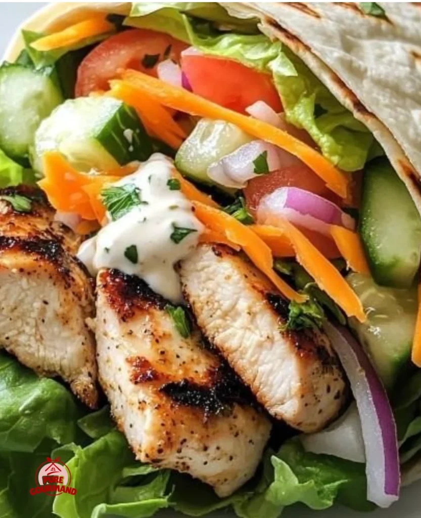 Healthy grilled chicken ranch wraps with fresh vegetables and ranch dressing