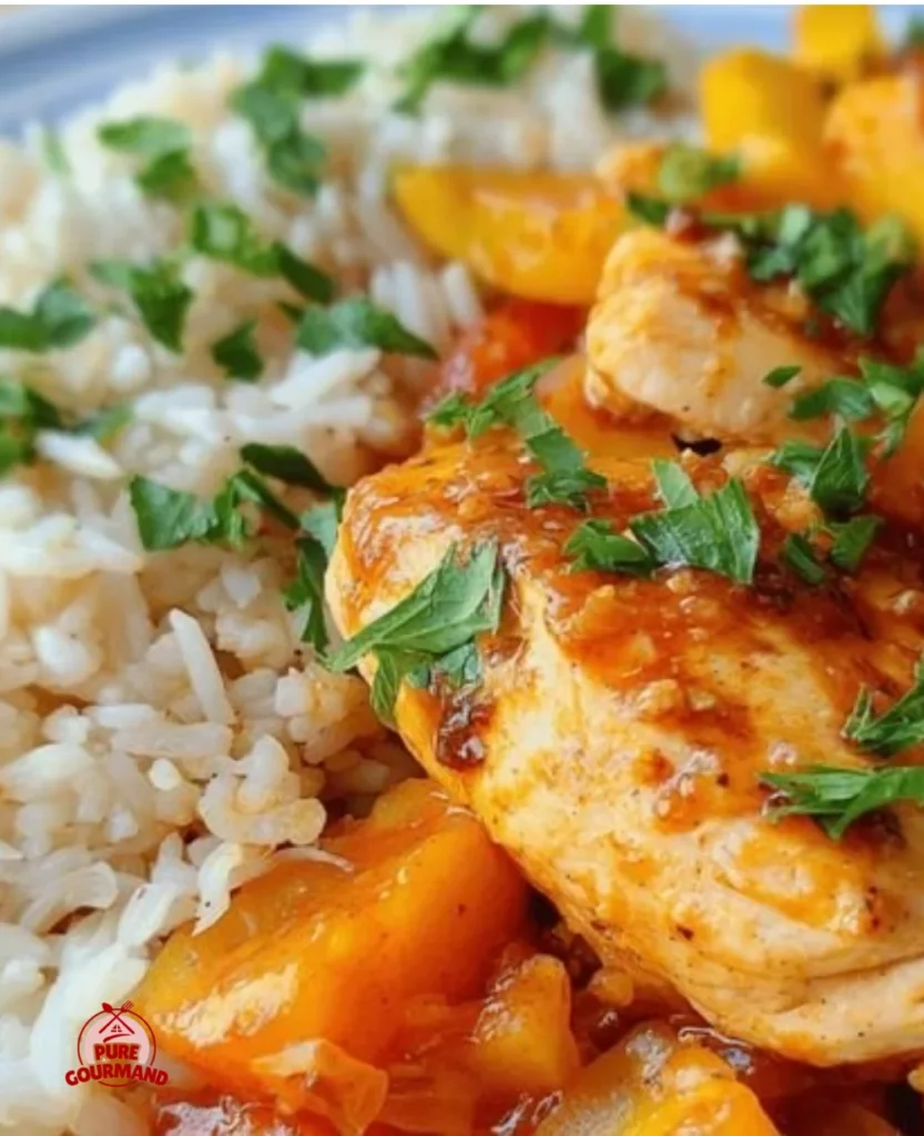 Healthy Peach Chicken Picante dish featuring vibrant colors and spicy ingredients.