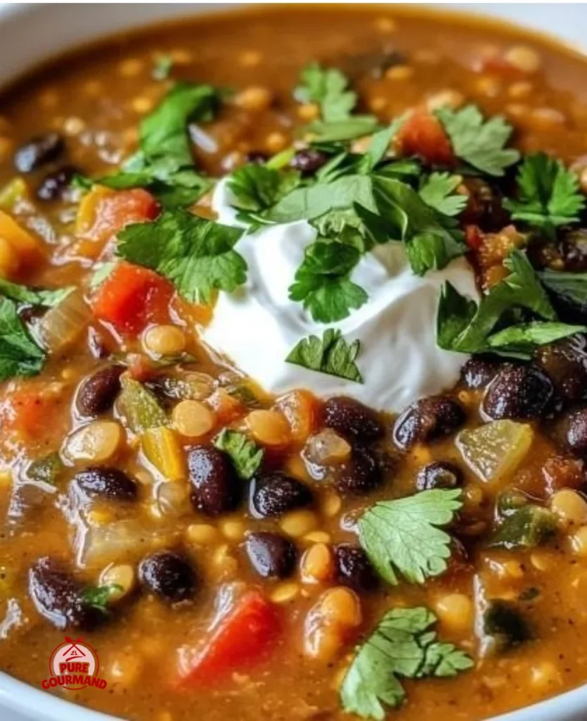 Bowl of hearty black bean lentil soup garnished with fresh herbs