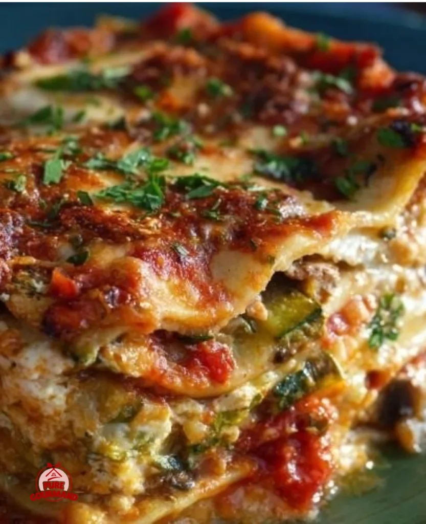 Hearty baked Italian vegetable lasagna with layers of fresh vegetables and cheese
