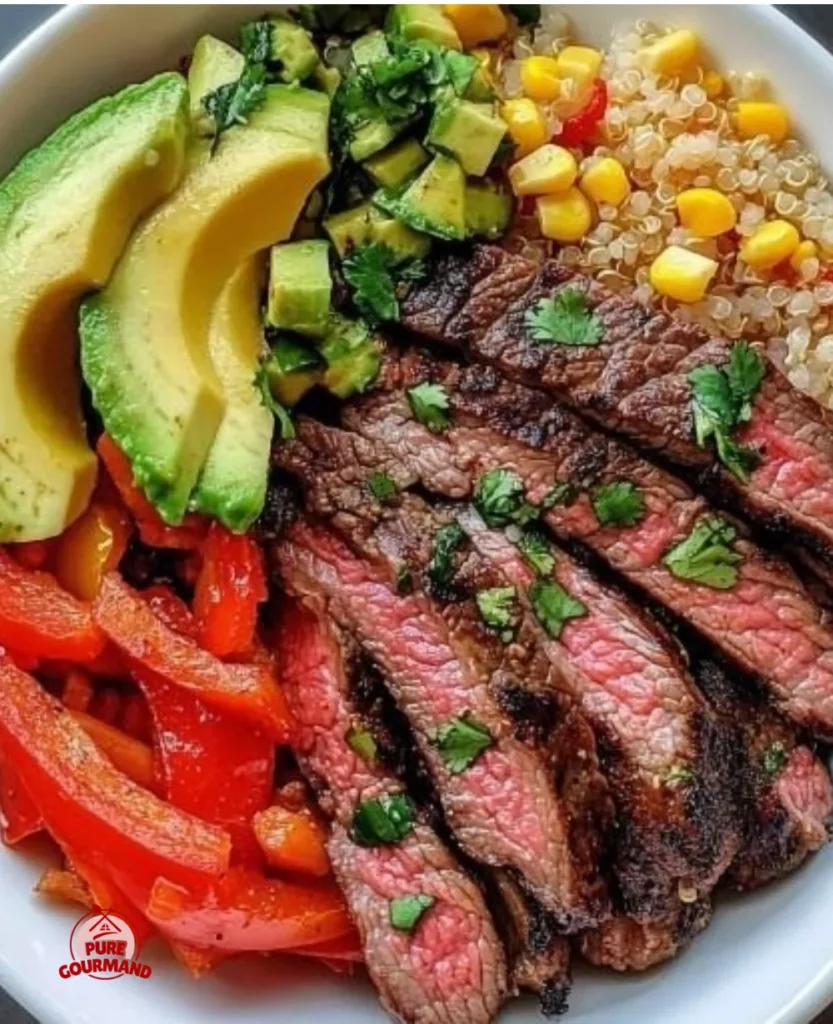 High protein steak fajita bowl with vibrant vegetables and garnishes