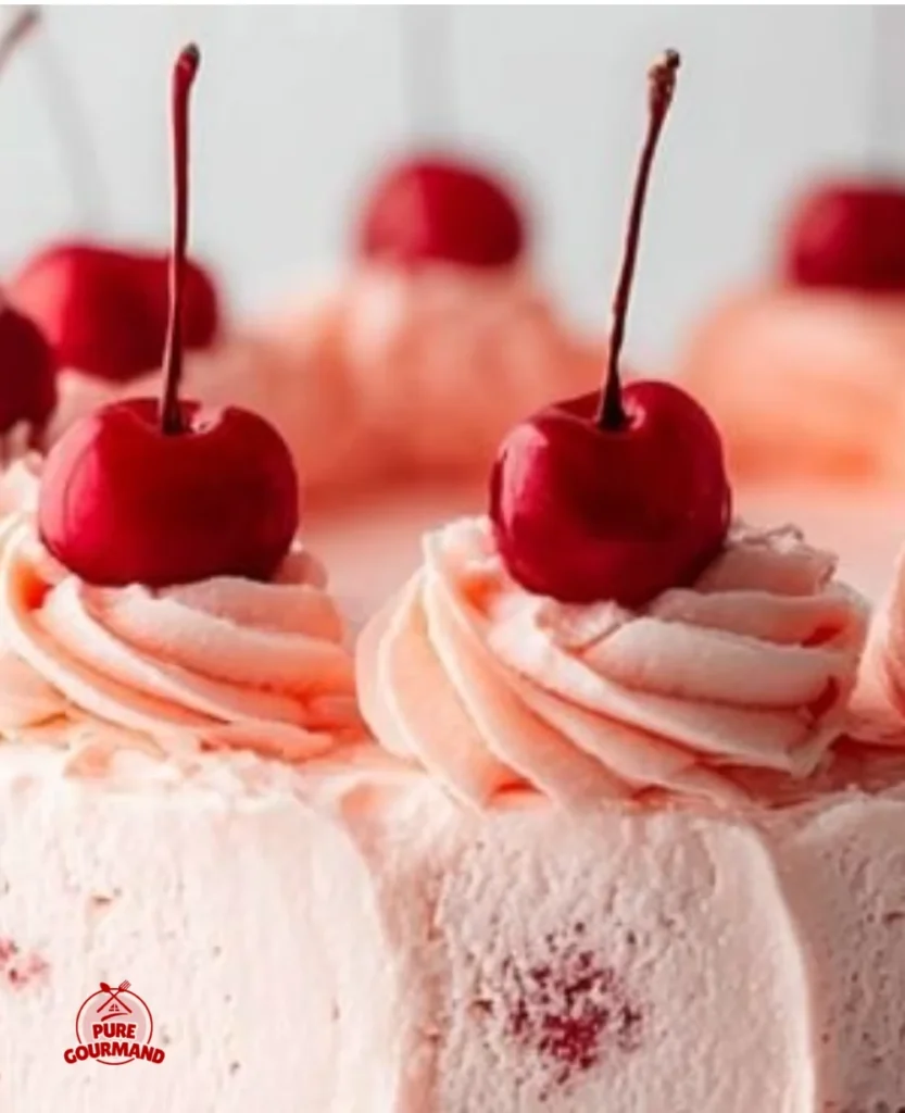 Delicious homemade Cherry Chip Cake topped with creamy frosting and cherries.