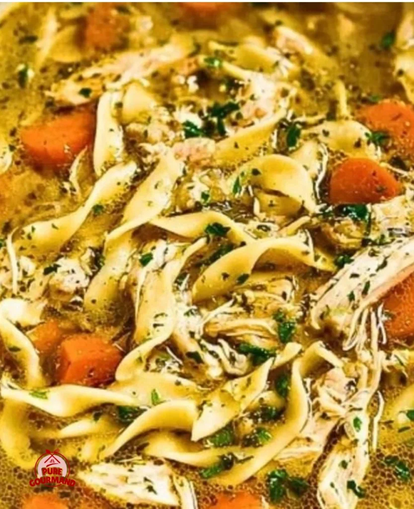 Bowl of homemade chicken noodle soup with fresh vegetables and herbs