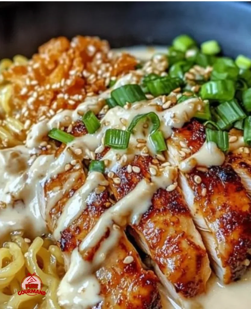 Bowl of homemade fiery chicken ramen with vibrant broth and toppings