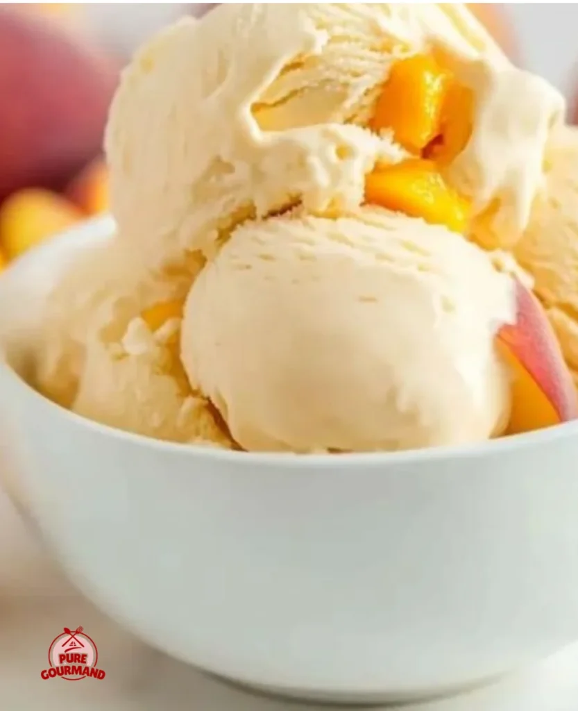 Delicious homemade peach ice cream served in a bowl with fresh peaches