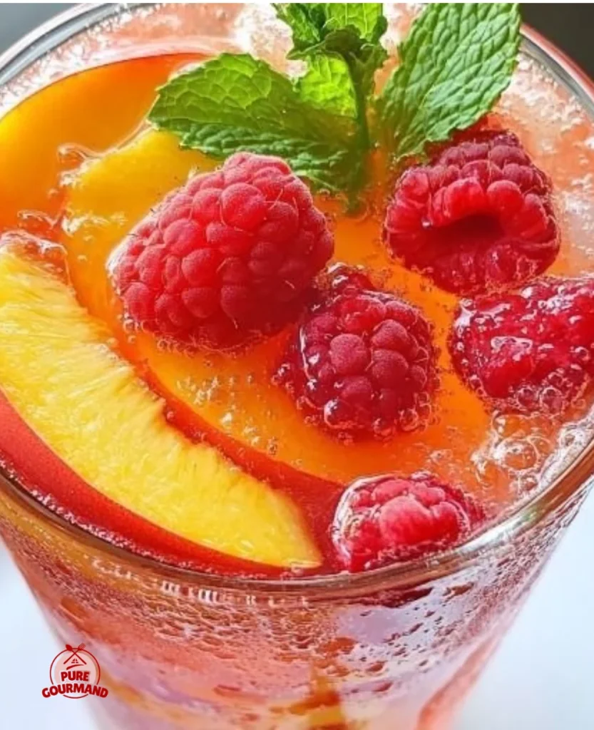 Homemade raspberry peach lemonade in a glass with fresh fruits