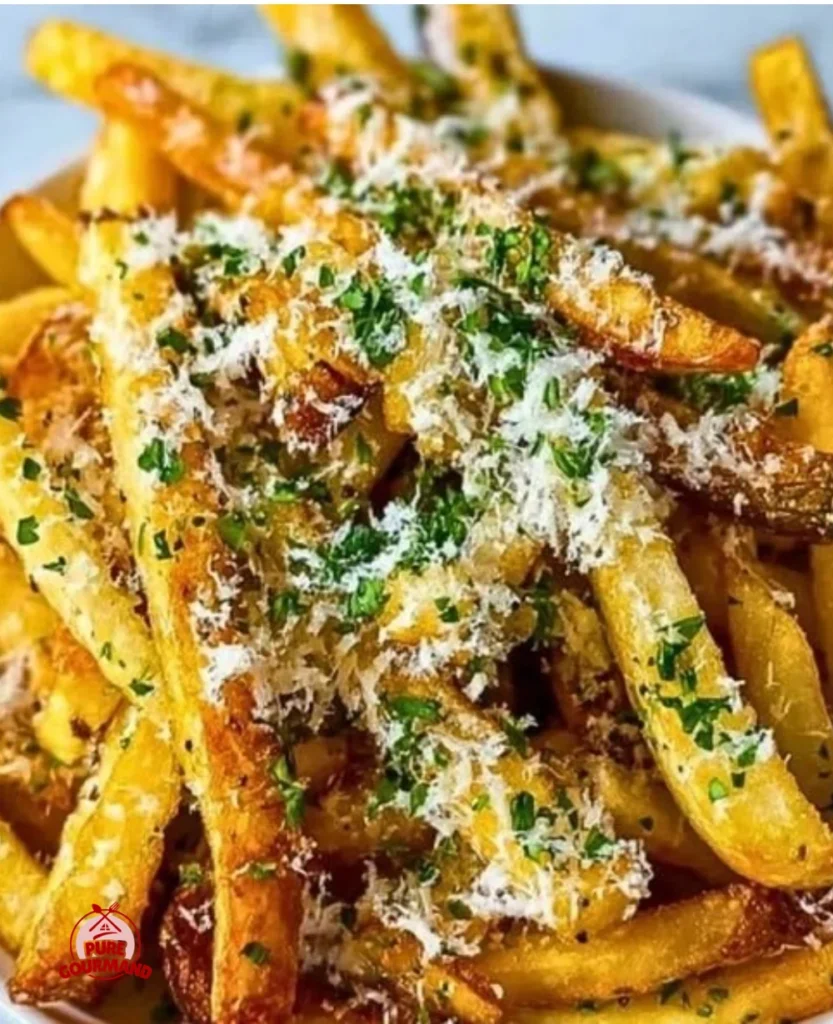 Delicious homemade truffle fries topped with herbs and parmesan