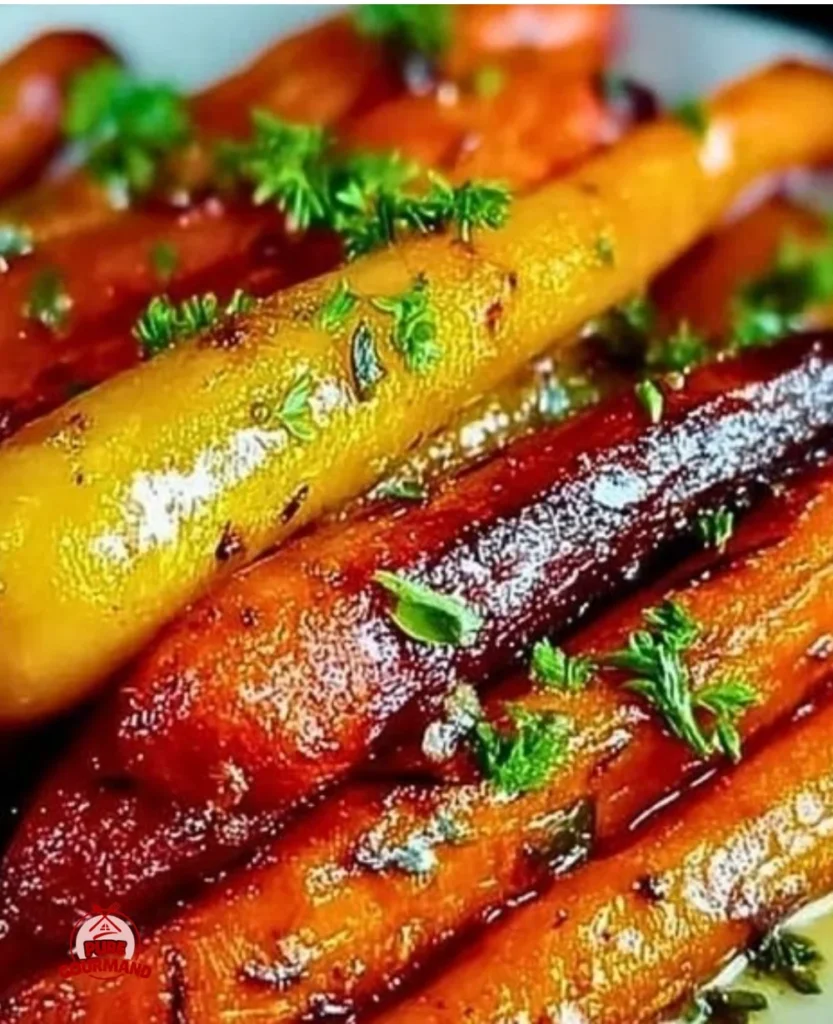 Honey garlic butter roasted carrots on a serving plate