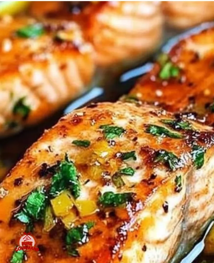 Honey garlic salmon dish garnished with herbs, showcasing its flavorful glaze.