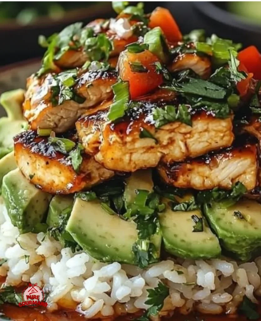 Delicious Honey Lime Chicken Avocado Rice Stack served on a plate